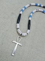 Silver Ankh Blue White Black Beaded Handmade Jewelry African Egyptian Gift