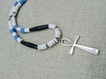 Silver Ankh Blue White Black Beaded Handmade Jewelry African Egyptian Gift