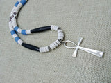 Silver Ankh Blue White Black Beaded Handmade Jewelry African Egyptian Gift