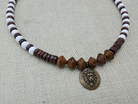 Lion Necklace Beaded White Brown Animal Jewelry Gift Handmade