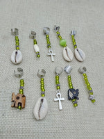 Loc Hair Accessories Dread Jewelry Set of 10 Cowrie Ankh Beads Elephant Green Handmade Statement