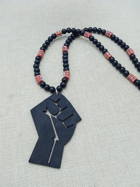 Men Wooden Necklace Black Power Fist Beaded African Ethnic Handmade Jewelry Statement