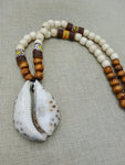 Large Cowrie Necklace Wooden Beaded Jewelry Brown White African Statement Gift for Him Wedding