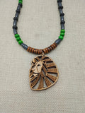 Lion Necklace Wooden Jewelry Green Beaded African Gift for him