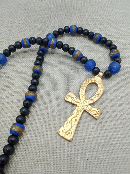 Egyptian Ankh Necklace Men Cross African Beaded Black Blue Gold Gift for Him