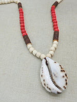 Large Cowrie Necklace Men Wooden Red White Ethnic Handmade Beaded Jewelry Boho