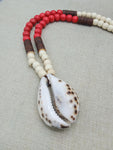 Large Cowrie Necklace Men Wooden Red White Ethnic Handmade Beaded Jewelry Boho