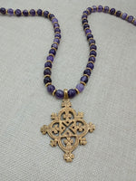 African Egyptian Coptic Cross Bronze Beaded Men Jewelry Amethyst Purple Gold Gift for Him