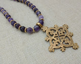 African Egyptian Coptic Cross Bronze Beaded Men Jewelry Amethyst Purple Gold Gift for Him