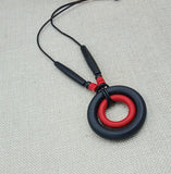 Women Necklace Black Red Wooden Handmade Leather Beaded Jewelry Statement Long Gift Unique