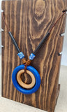 Women Necklace Ethnic Blue Brown Wooden Beaded Long Jewelry Statement Gift Handmade