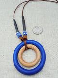 Women Necklace Ethnic Blue Brown Wooden Beaded Long Jewelry Statement Gift Handmade