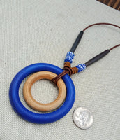 Women Necklace Ethnic Blue Brown Wooden Beaded Long Jewelry Statement Gift Handmade