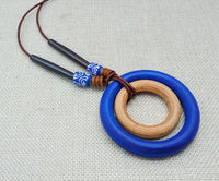 Women Necklace Ethnic Blue Brown Wooden Beaded Long Jewelry Statement Gift Handmade