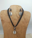 Silver Cowrie Jewelry Set Necklace Earrings Leather Handmade Dangle Gift for Her