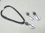 Silver Cowrie Jewelry Set Necklace Earrings Leather Handmade Dangle Gift for Her