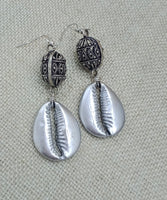 Silver Cowrie Jewelry Set Necklace Earrings Leather Handmade Dangle Gift for Her