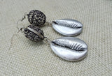 Silver Cowrie Jewelry Set Necklace Earrings Leather Handmade Dangle Gift for Her