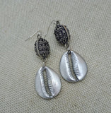 Silver Cowrie Jewelry Set Necklace Earrings Leather Handmade Dangle Gift for Her