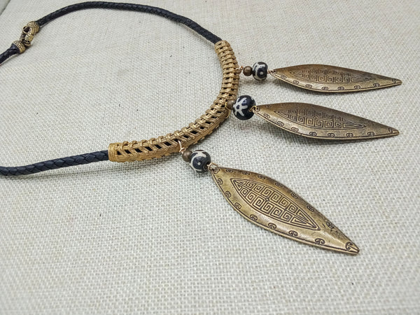 African Bronze Pendant Wedding Leather Unique Fashion Statement Gift for Her Ethnic Black