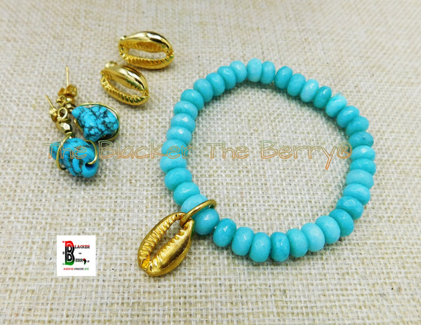 Gold Cowrie Shell Earrings Bracelet Green Blue Turquoise Post Women Jewelry Set