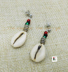 Cowrie Earrings Silver Post Dangle Jewelry RBG Pan African Beaded Women Small Ethnic Handmade